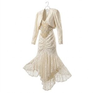 J.Harris Womens Vintage Wedding Dress Beaded Lace Bolero Ivory Cream Fair